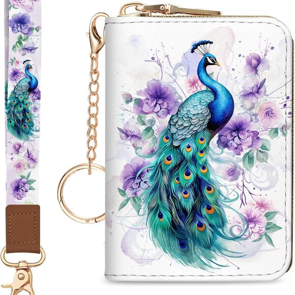 Credit Card Holder for Women, Peacock Small RFID Blocking Wallet with Wristlet S - Picture 1 of 6